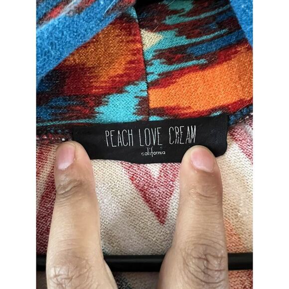 Peach Love Cream Cover Up Cardigan Sweater Red Brown Teal Aztec Open Front S - Picture 2 of 4